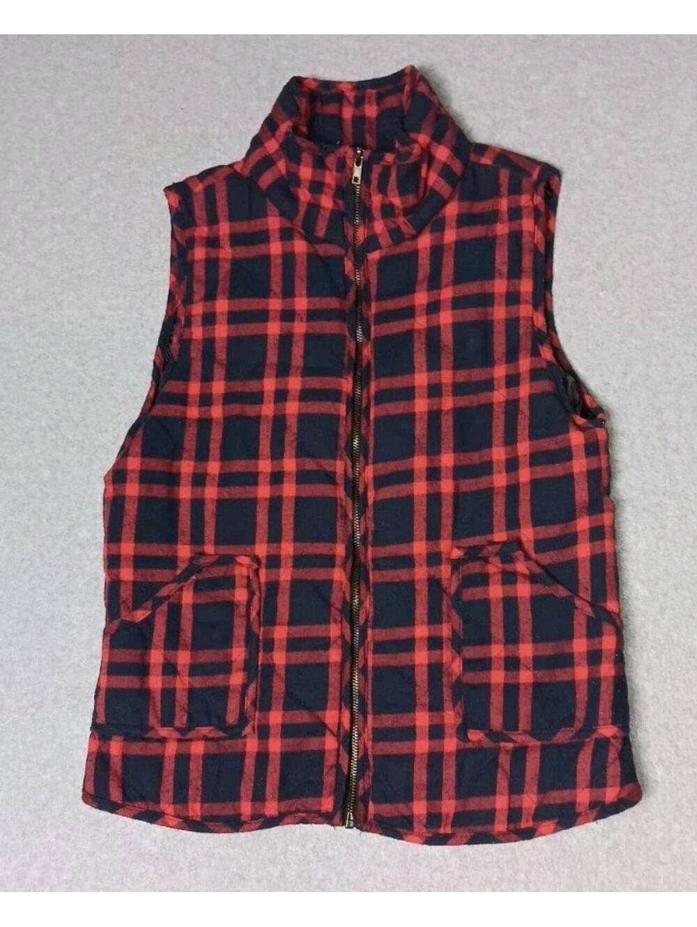 Impressions Flannel Quilted Zip Up Vest Womens Size Medium Red Plaid Pockets...